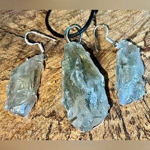 Chunky Raw Green Prasiolite Quartz Pendant & Earrings